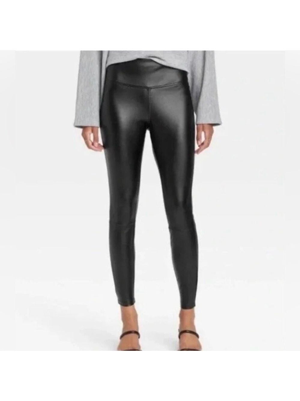 A New Day Women’s High Waist Pull On Black Faux Leather Pants Leggings Medium